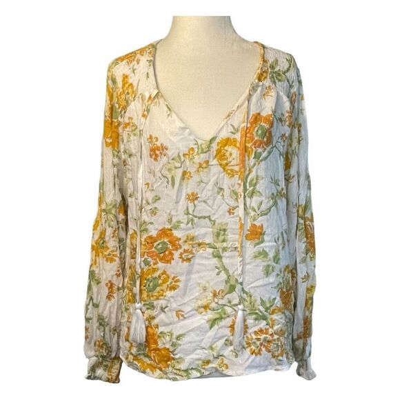 Cynthia Rowley Floral Print Blouse White Orange Yellow Sheer Long Sleeve M - Picture 1 of 9